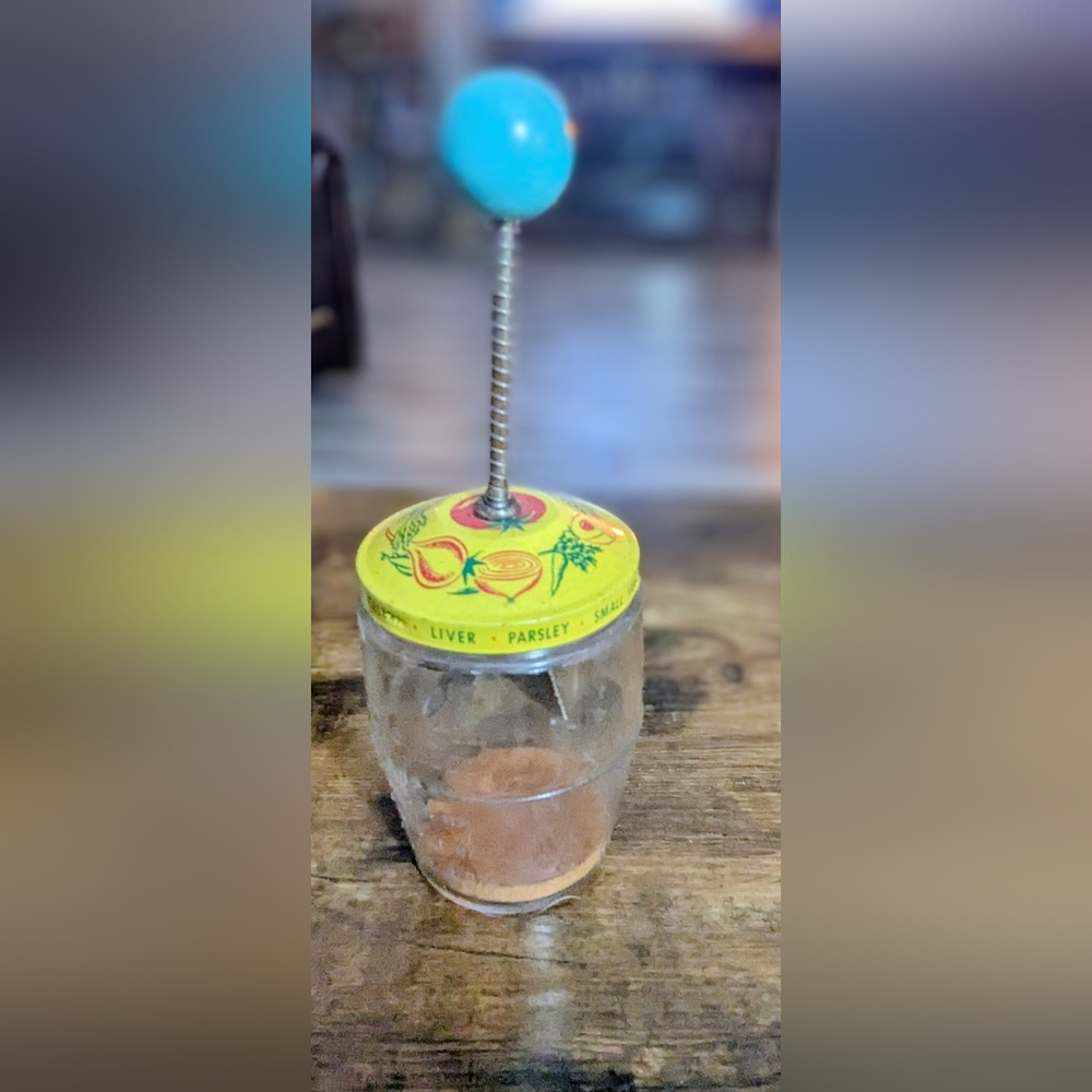 Vintage 1940 Chopper with Yellow Lid and Blue Balloon Stirrer